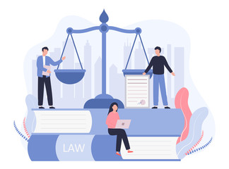 Concept Law, Justice. Legal service, services of a lawyer, notary. Men against the backdrop of the city discuss legal issues, a woman works on a laptop. Vector flat illustration on a white background