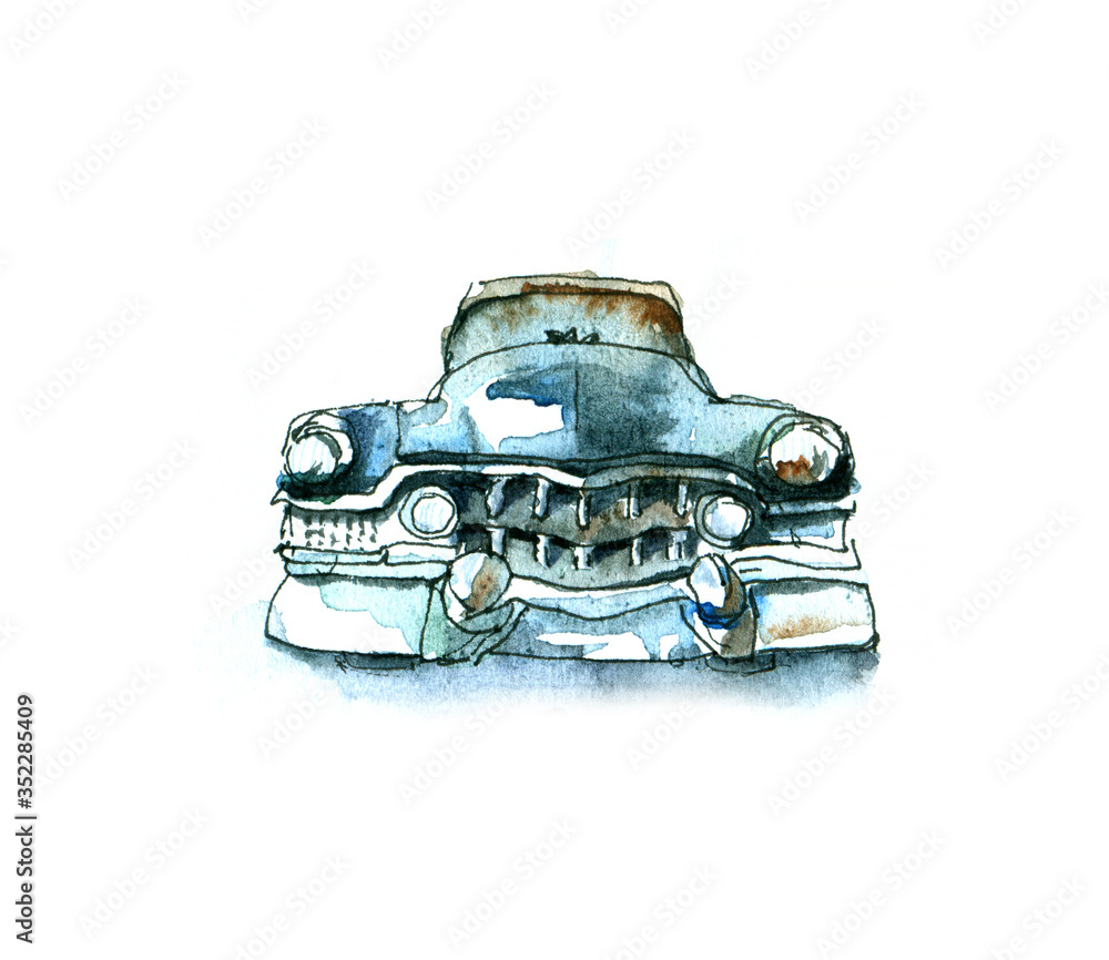 Vintage watercolor car, hand draw llustration of old retro auto on a ...