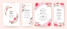 Set Of Wedding Invitation Template With Brown Floral Frame & Border. Flowers Decoration Vector For Save The Date, Greeting, Details, Menu, Etc