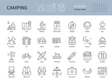 Vector Camping Icons. Editable Stroke. Summer Camping Hiking Canoe Mountains. Landscape Forest Tent Caravan. Bonfire Matches Grill Cooking On A Bonfire. Picnic Hammock Backpack Binoculars Map