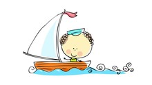 Happy Sailor Waving To The Camera Floating On His Wooden Boat And A Red Flag On The Sail Suggesting He Is Ready To Navigate The World