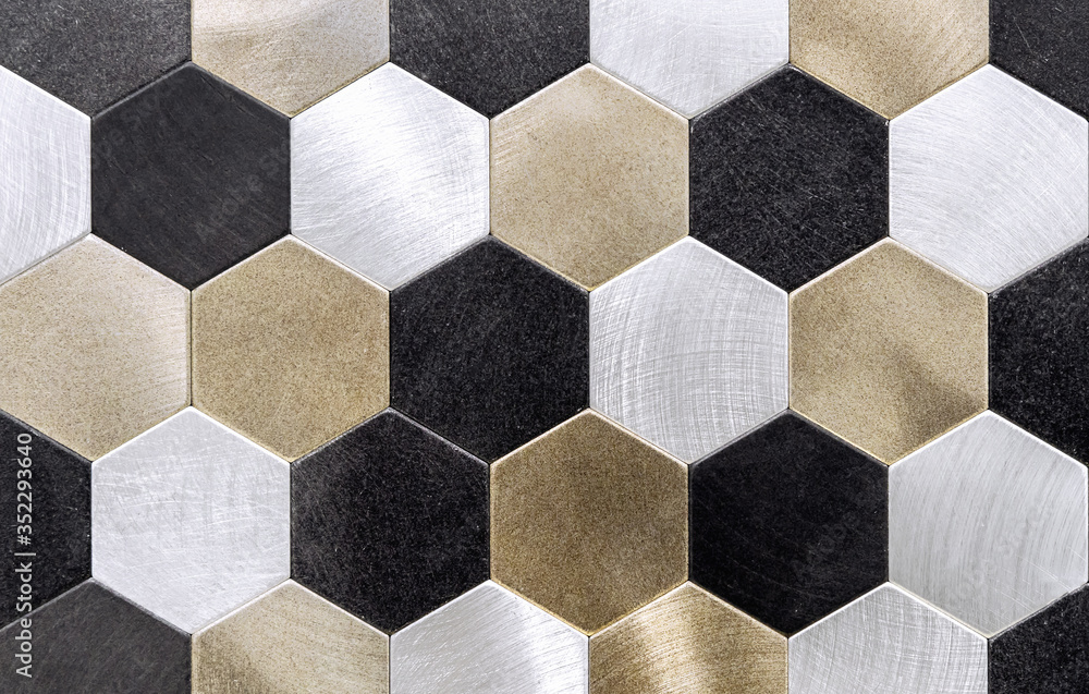 Metal mosaic tile with golden, silvery and black honeycombs. - obrazy, fototapety, plakaty 