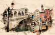 Watercolor painting from The Rialto Bridge in Venice, Italy is the oldest of the four bridges spanning the Grand Canal.