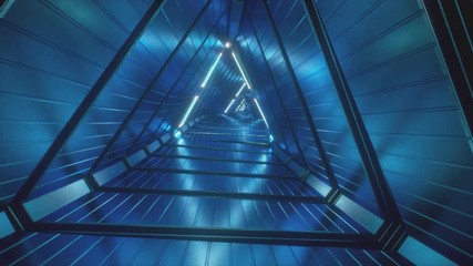 flying through glowing neon triangles creating a tunnel