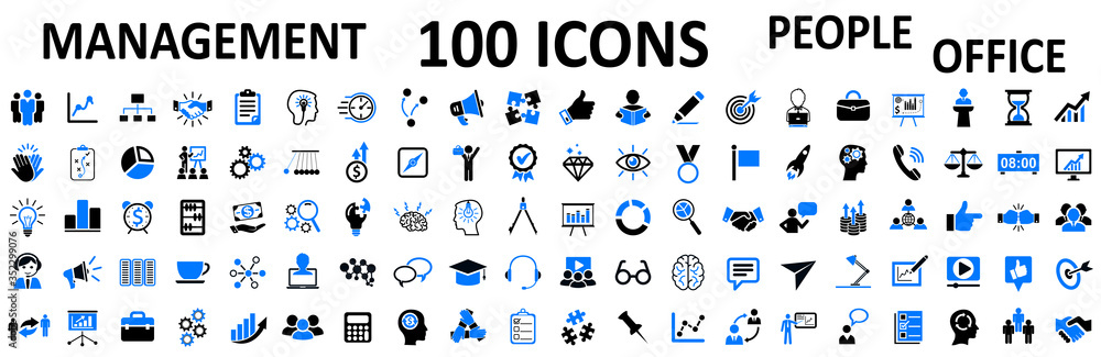 Set of 100 management web icons: manager, teamwork, strategy, marketing, business, planning - stock vector - obrazy, fototapety, plakaty 