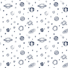 Wall Mural - doodle spaceship and stars pattern, hand drawn, sketch seamless space rocket print.