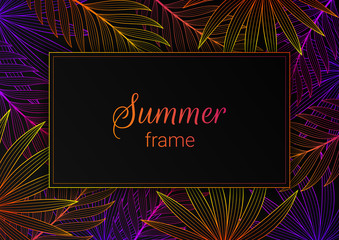 Wall Mural - Vector horizontal neon tropical floral frame; Futuristic acid gradients on black background; Festive line graphic art; Exotic design for card, poster, banner, social media with space for text.