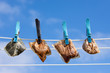 Tea bags drying on clothes line