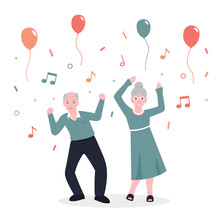 Happy Old Couple Grandparents People Dance To Music And Rejoice. Party Concept. Flat Vector Cartoon Modern Illustration.