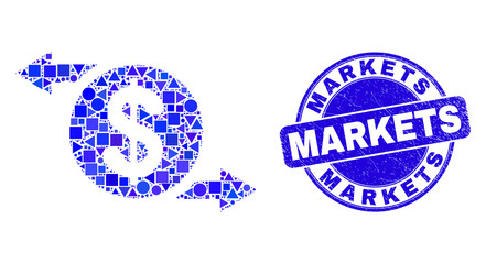 Wall Mural - Geometric dollar exchange arrows mosaic icon and Markets seal. Blue vector rounded grunge seal with Markets caption. Abstract mosaic of dollar exchange arrows constructed of circle, tringle,