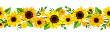 Vector Horizontal Seamless Border With Yellow Sunflowers And Green Leaves.