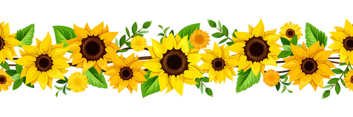 Wall Mural - Vector horizontal seamless border with yellow sunflowers and green leaves.