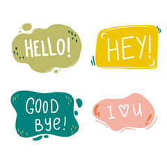 Wall Mural - Hand drawn set of speech bubbles with dialog text. Comic doodle sketch style. Text and speech balloon element of color. Vector illustration for icon design.