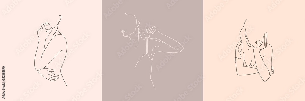 Set of Abstract minimalistic female figure in underwear. Vector illustration of the female body in a linear style. - obrazy, fototapety, plakaty 
