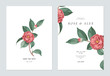 Floral wedding invitation card template design, red Semi-double Camellia flowers with leaves on white