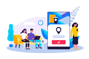 People using online app for food delivery. Customers ordering food in cafe or restaurant and eating at home. Vector illustration for mobile application, takeaway dinner, service concept