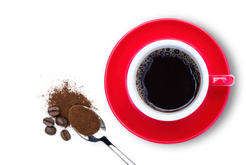 Wall Mural - Close-up red cup of black coffee and   instant coffee powder in stainless teaspoon with coffe beans isolated on white background. Top view. Flat lay.