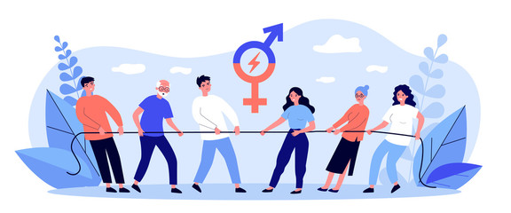 Wall Mural - Male and female teams pulling rope. Tug-of-war, competition, different ages and generation flat vector illustration. Gender equality, contest concept for banner, website design or landing web page