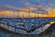 Boat Marina Under A Dramatic Sunset In National City, San Diego, California, USA