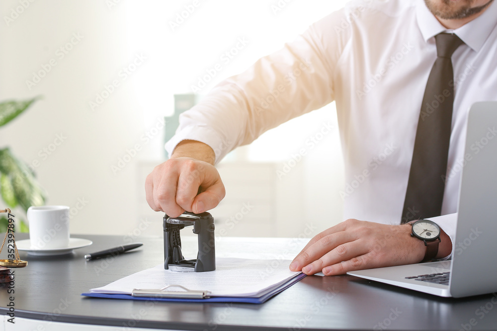 Male lawyer working with document in office