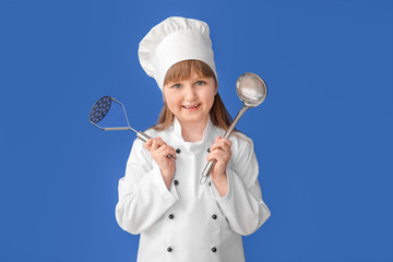 Poster - Cute little chef on color background