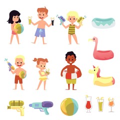 Children characters on pool party or beach flat vector illustration isolated.