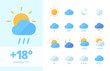 Weather set icon . Climatic fluctuations in world heavy rains lightning cooling cloudy sunny month snowfall snowflake cloudy day clear weather night meteorological forecast. Flat vector icons.