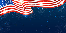 Creative Fourth Of July American Independence Day Background With USA Flag-waving, Firework Burst & Stars. Use For Sale Banner, Discount Banner, Advertisement Banner, Postcard, Etc. 