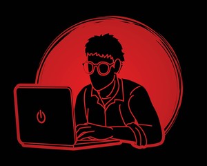 Man works on his laptop cartoon graphic vector.