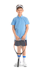 Wall Mural - Cute little boy with tennis racket on white background