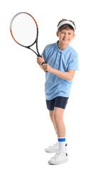 Wall Mural - Cute little boy with tennis racket on white background