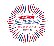 Happy Fourth Of July Independence Day Banner With Firework Burst Ray, July Greeting, Celebrating Freedom Use For Greeting Postcard, Sale Banner, Discount Banner, Etc. Vector Illustration On White Back