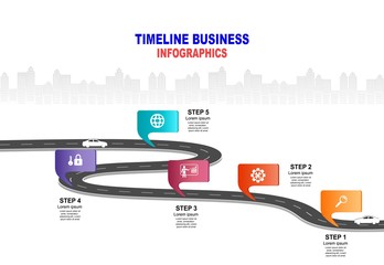 Vector template infographic Timeline of business operations with flags and placeholders on curved roads. Symbols, steps for successful business planning Suitable for advertising and presentations.