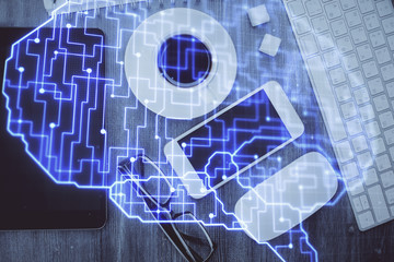 Double exposure of brain drawing over work table desktop. Top view. Global data analysis concept.