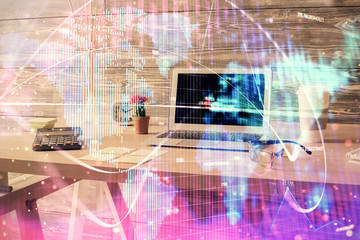 Aufkleber - Double exposure of business theme drawing and office interior background. Concept of success