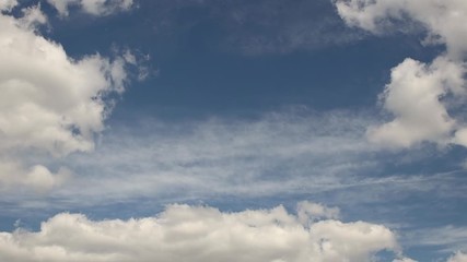 Wall Mural - Clear blue sky with cumulus clouds that stand still and cirrus clouds that float. Joyful mood. High pressure and difference in movement in the atmosphere. Ecology of clean air. Weather forecast