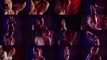 half-naked woman under rain in darkness, multi collage