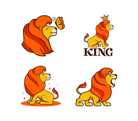 The lion king, logos set. Collection cartoon characters, logotypes, badges, stickers, emblems on white background isolated