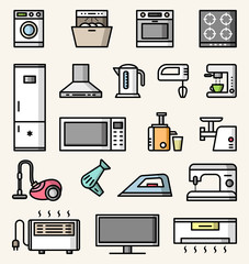 Home and kitchen appliances vector colorful icons set