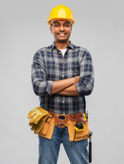 Poster - profession, construction and building - happy smiling indian worker or builder in helmet with crossed arms over grey background