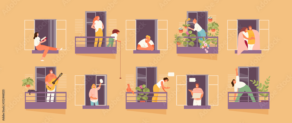 People in windows and balconies staying at home. Home life and neighborhood. Vector illustration - obrazy, fototapety, plakaty 