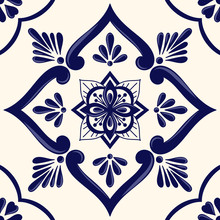 Mexican Tile Pattern Vector Seamless With Ceramic Floral Ornament. Portuguese Azulejos, Puebla Talavera, Italian Sicily Or Spanish Majolica. Mosaic Texture For Kitchen Wall Or Bathroom Floor.