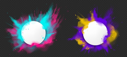 Wall Mural - color powder explosions. splash of paint dust with white round banner. vector realistic clouds of co