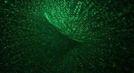 Wall Mural - vector green stream of luminous particles and crystals, virtual data