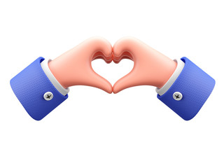 Cartoon character hands making a heart shape on white background. 