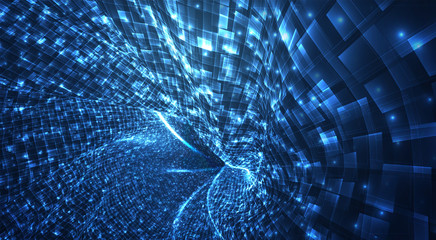 Wall Mural - vector blue stream of luminous particles and crystals, virtual data