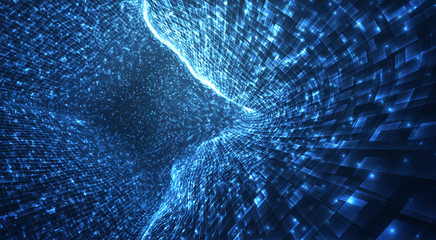 Wall Mural - vector blue stream of luminous particles and crystals, virtual data