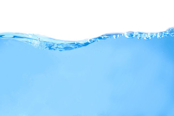  Blue ripple background and splattering water with clear bubbles Under water in nature Isolated on white background.