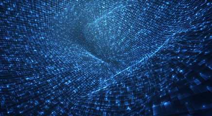Wall Mural - vector blue stream of luminous particles and crystals, virtual data