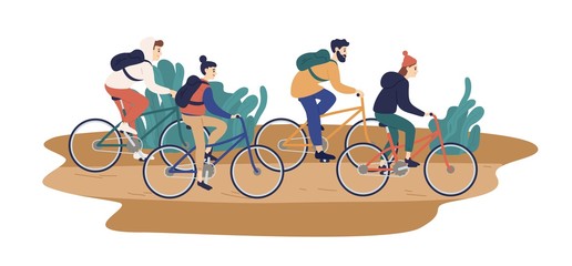 Wall Mural - group of smiling young friends riding bicycles together vector flat illustration. colorful man and w